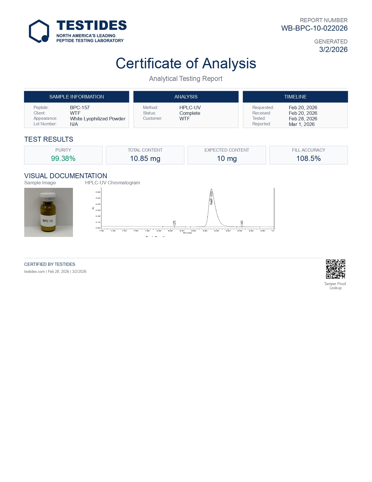 BPC-157 10 mg COA report