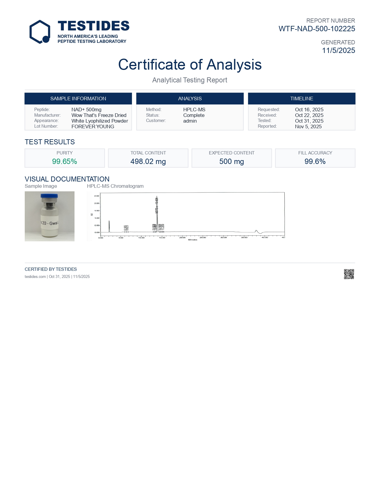 NAD+ 500mg COA report